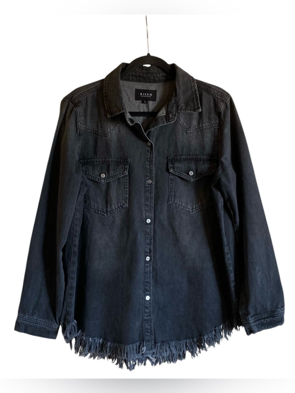 Women’s RISEN Frayed Black DENIM SHIRT Jacket Top L